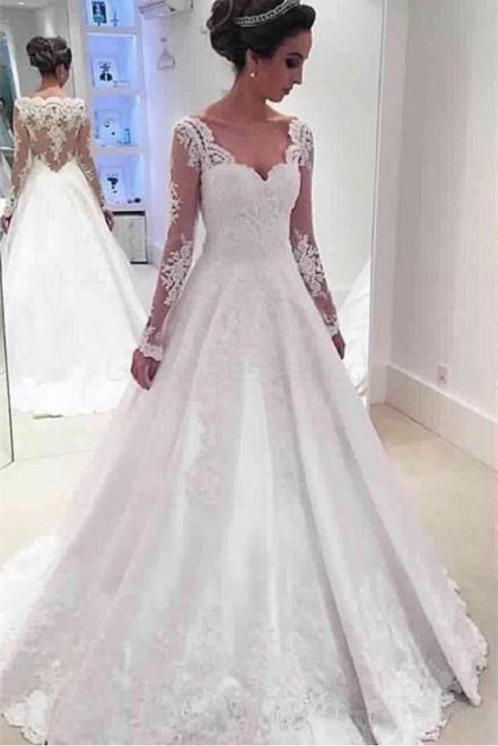A Line Long Sleeves Lace Wedding Dresses Bridal Gowns