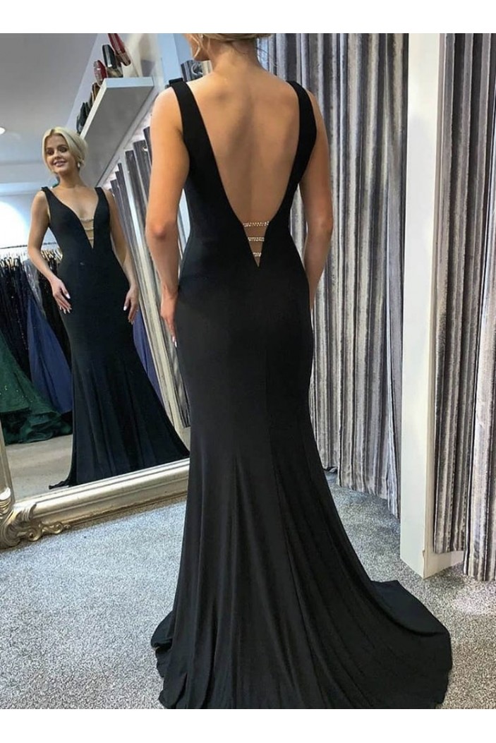 Mermaid Long Black V-Neck Prom Dresses Formal Evening Gowns 6011004