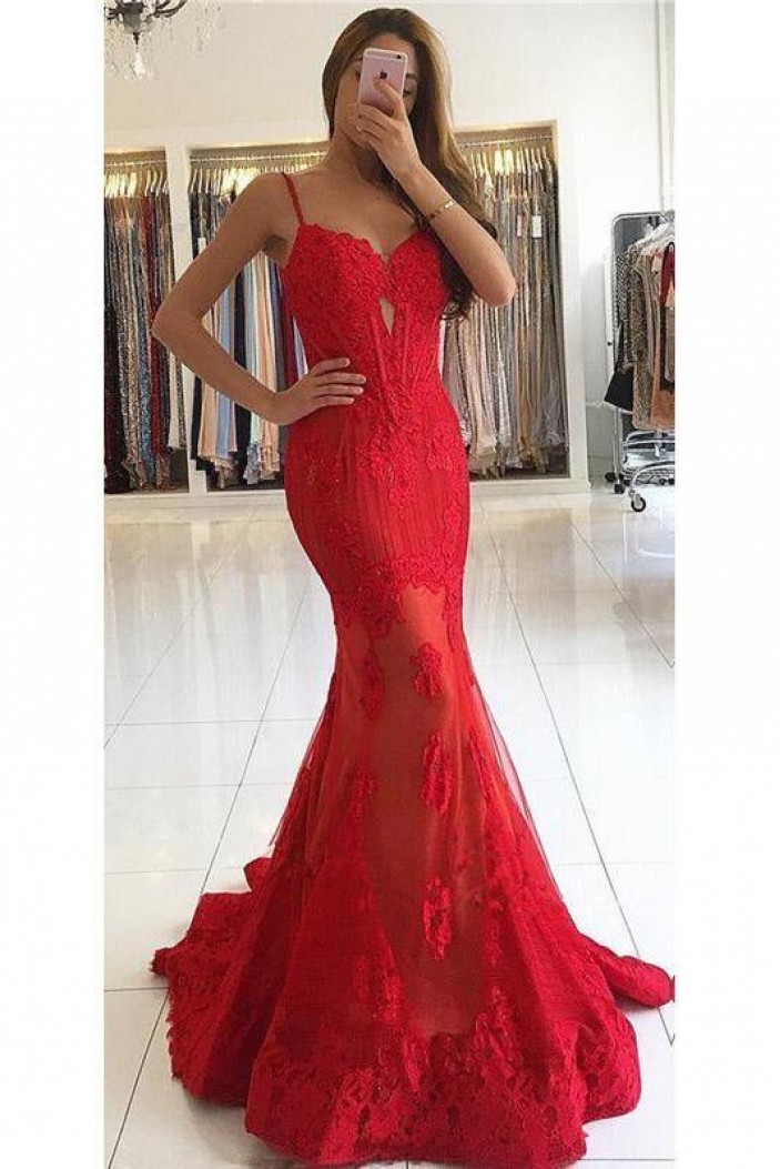 Mermaid Long Red Lace Prom Dresses Formal Evening Gowns 6011036