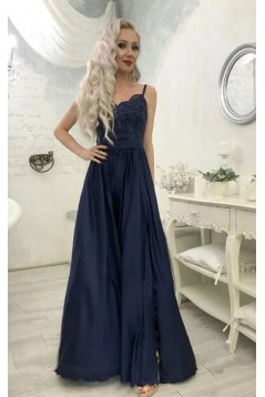 A-Line Spaghetti Straps Lace Long Navy Prom Dresses Formal Evening Gowns 6011039