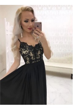 A-Line Spaghetti Straps Lace Long Black Prom Dresses Formal Evening Gowns 6011040