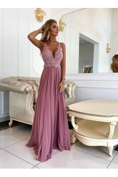 A-Line Lace Chiffon V-Neck Long Prom Dresses Formal Evening Gowns 6011041