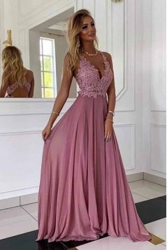 A-Line Lace Chiffon V-Neck Long Prom Dresses Formal Evening Gowns 6011041