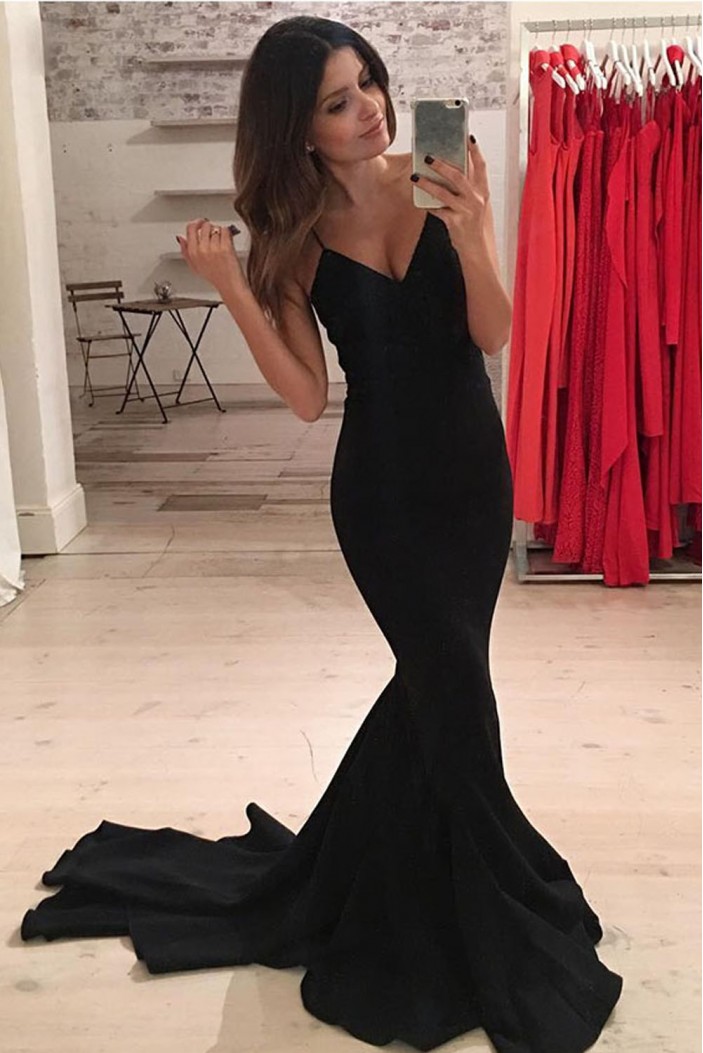 Long Black Mermaid V-Neck Prom Dresses Formal Evening Gowns 6011044