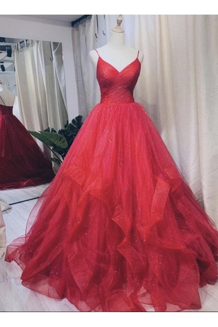 A-Line Tulle Long Red Prom Dresses Formal Evening Gowns 6011051