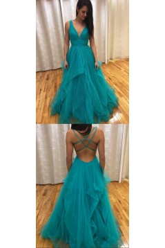 A-Line Tulle V-Neck Long Prom Dresses Formal Evening Gowns 6011053