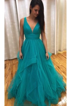 A-Line Tulle V-Neck Long Prom Dresses Formal Evening Gowns 6011053