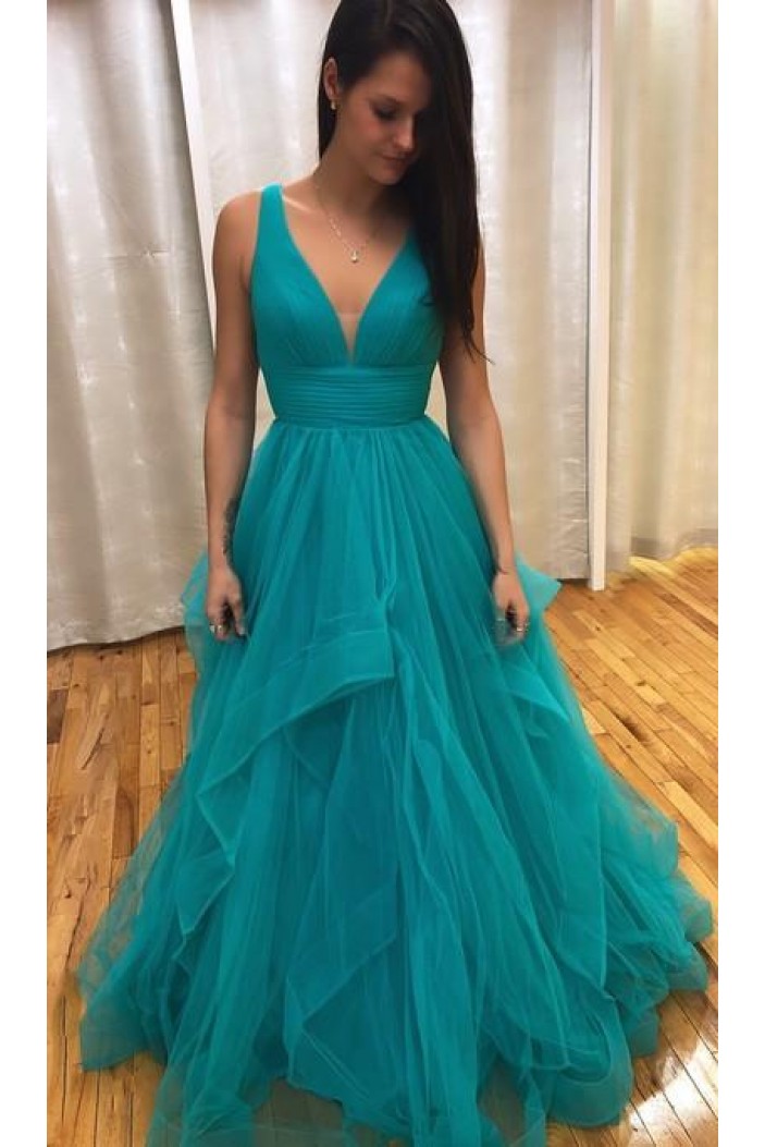 A-Line Tulle V-Neck Long Prom Dresses Formal Evening Gowns 6011053