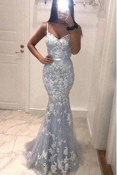 Mermaid Spaghetti Straps Lace Long Prom Dresses Formal Evening Gowns 6011059