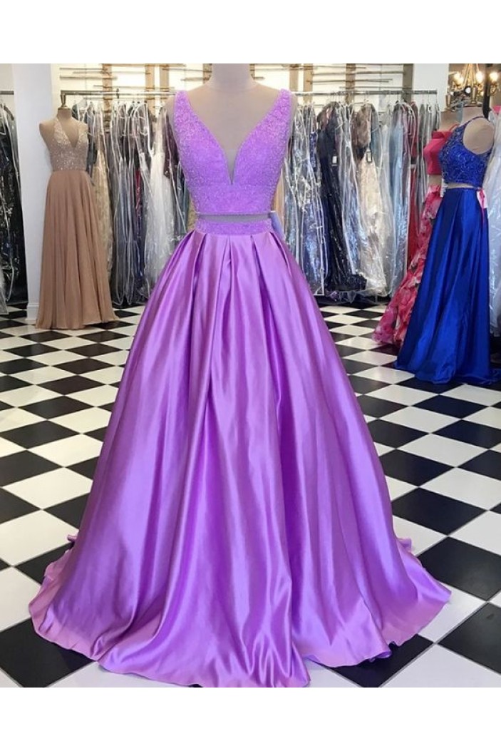 A-Line Lace Satin Two Pieces Long Prom Dresses Formal Evening Gowns 6011078