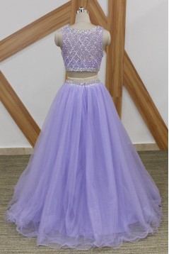 A-Line Beaded Tulle Two Pieces Long Prom Dresses Formal Evening Gowns 6011081