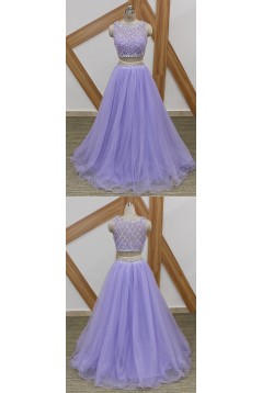 A-Line Beaded Tulle Two Pieces Long Prom Dresses Formal Evening Gowns 6011081