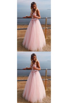 A-Line Tulle V-Neck Long Prom Dresses Formal Evening Gowns 6011109