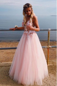 A-Line Tulle V-Neck Long Prom Dresses Formal Evening Gowns 6011109