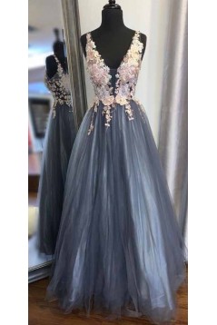 A-Line Lace Tulle V-Neck Long Prom Dresses Formal Evening Gowns 6011156