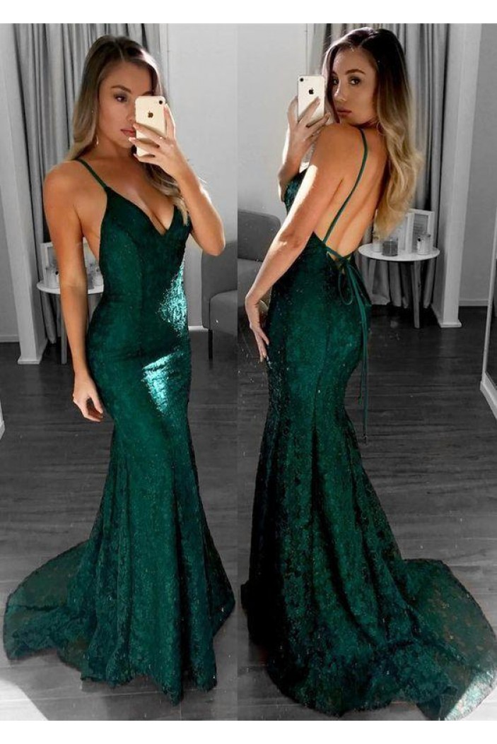Mermaid Lace V-Neck Long Prom Dresses Formal Evening Gowns 6011161