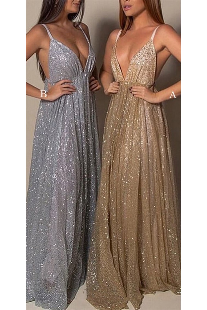 A-Line Sequins V-Neck Long Prom Dresses Formal Evening Gowns 6011190