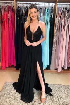 A-Line Beaded Lace Long Black Prom Dresses Formal Evening Gowns 6011210