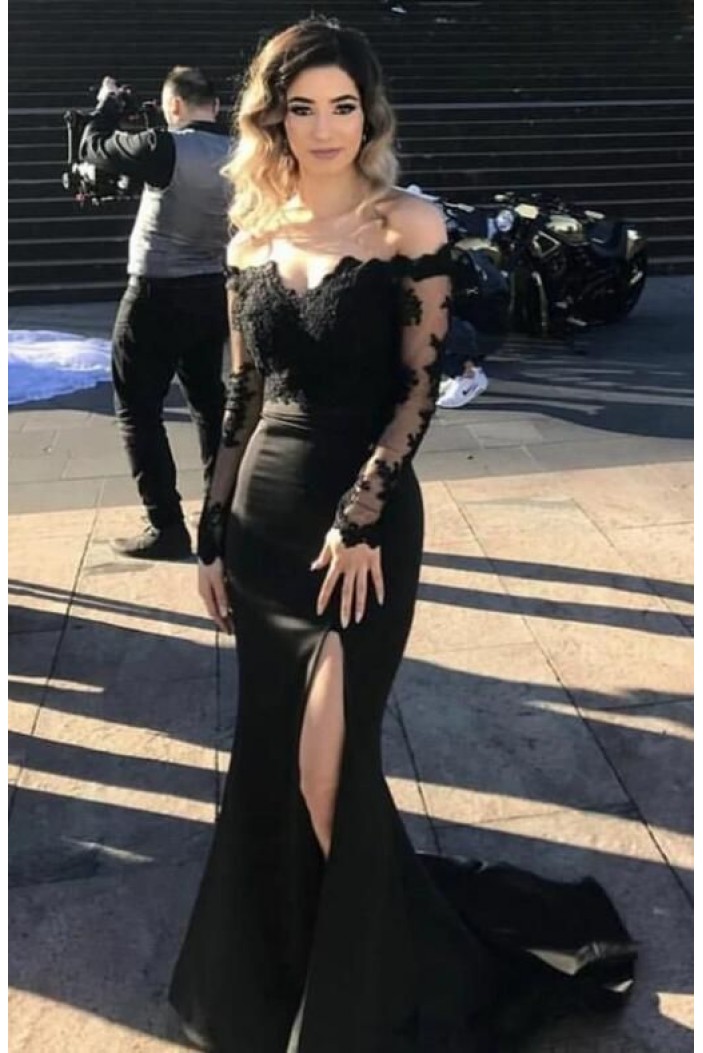 Long Black Lace Mermaid Prom Dresses Formal Evening Gowns 6011216