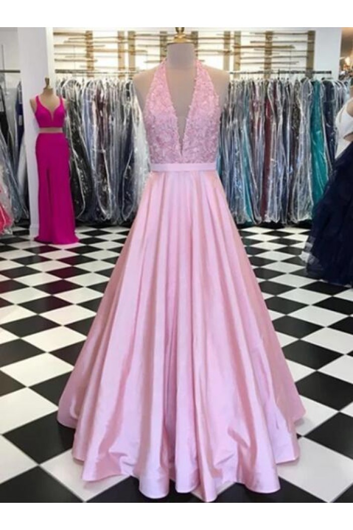 A-Line Long Pink Lace Prom Dresses Formal Evening Gowns 6011237