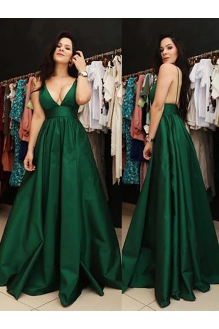 A-Line Long Green V-Neck Prom Dresses Formal Evening Gowns 6011266