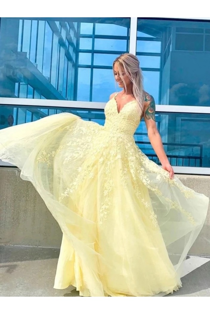 A-Line Long Yellow Lace V-Neck Prom Dresses Formal Evening Gowns 6011268