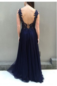 A-Line Lace Navy Blue Long Prom Dresses Formal Evening Gowns 6011278