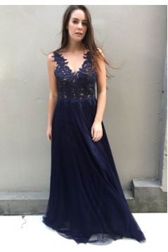 A-Line Lace Navy Blue Long Prom Dresses Formal Evening Gowns 6011278