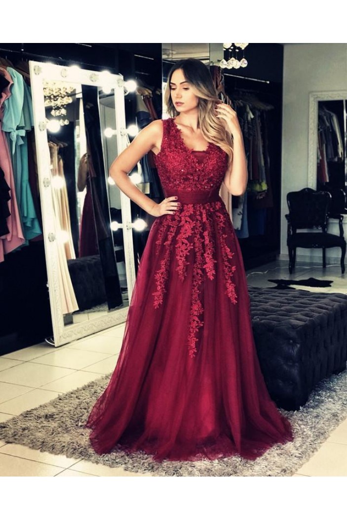 A-Line Lace Appliques Long Prom Dresses Formal Evening Gowns 6011286