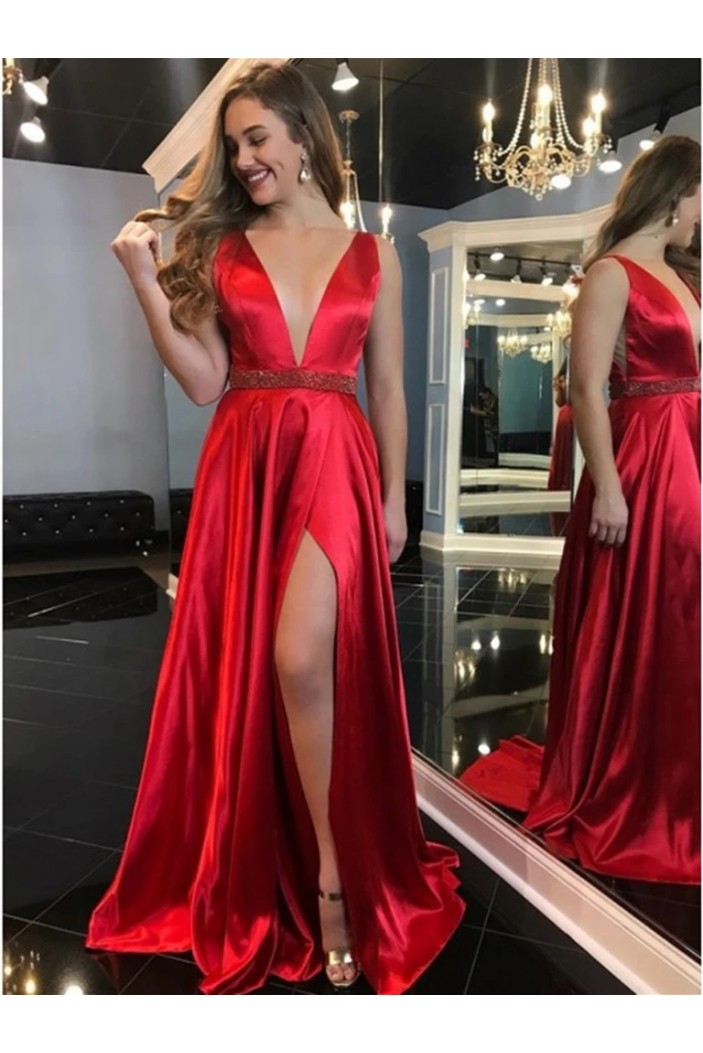 A-Line Beaded Long Red V-Neck Prom Dresses Formal Evening Gowns 6011306