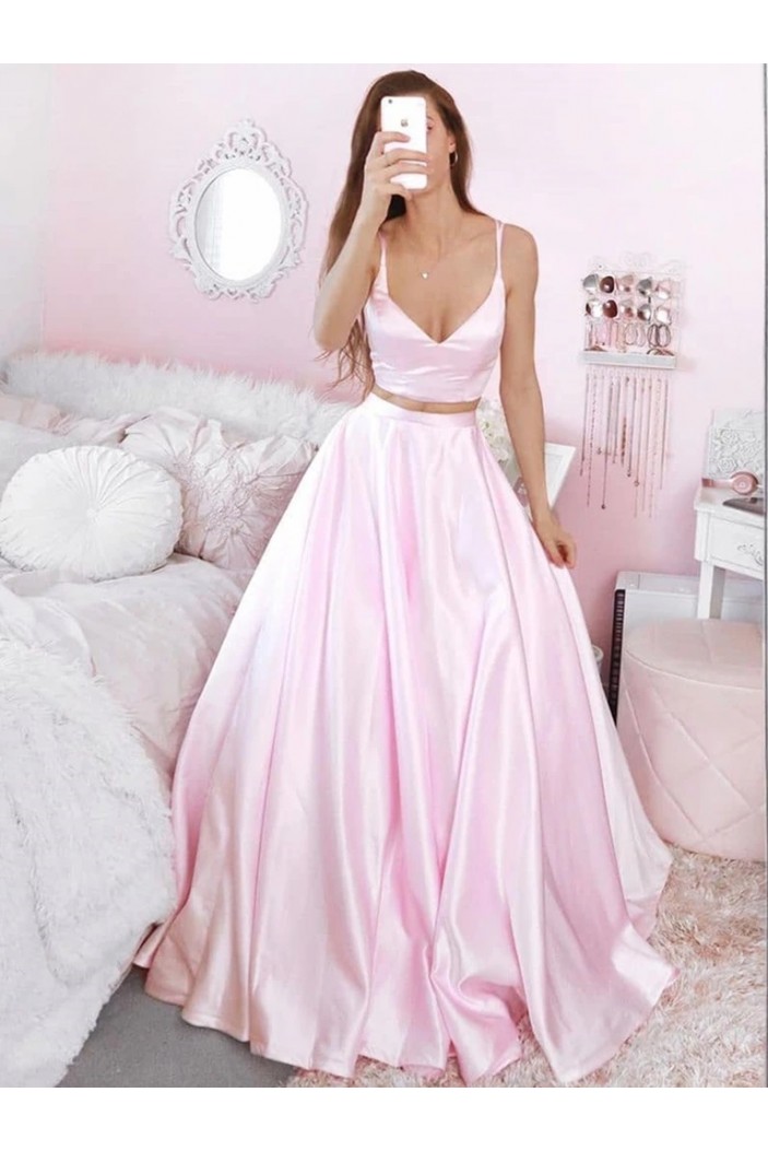 A-Line Two Pieces Long Pink Prom Dresses Formal Evening Gowns 6011322
