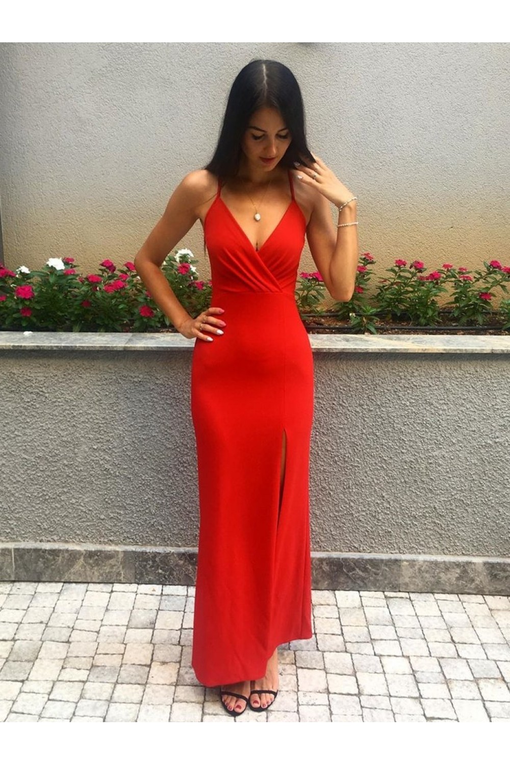 Long Red V-Neck Prom Dresses Formal Evening Gowns 6011328