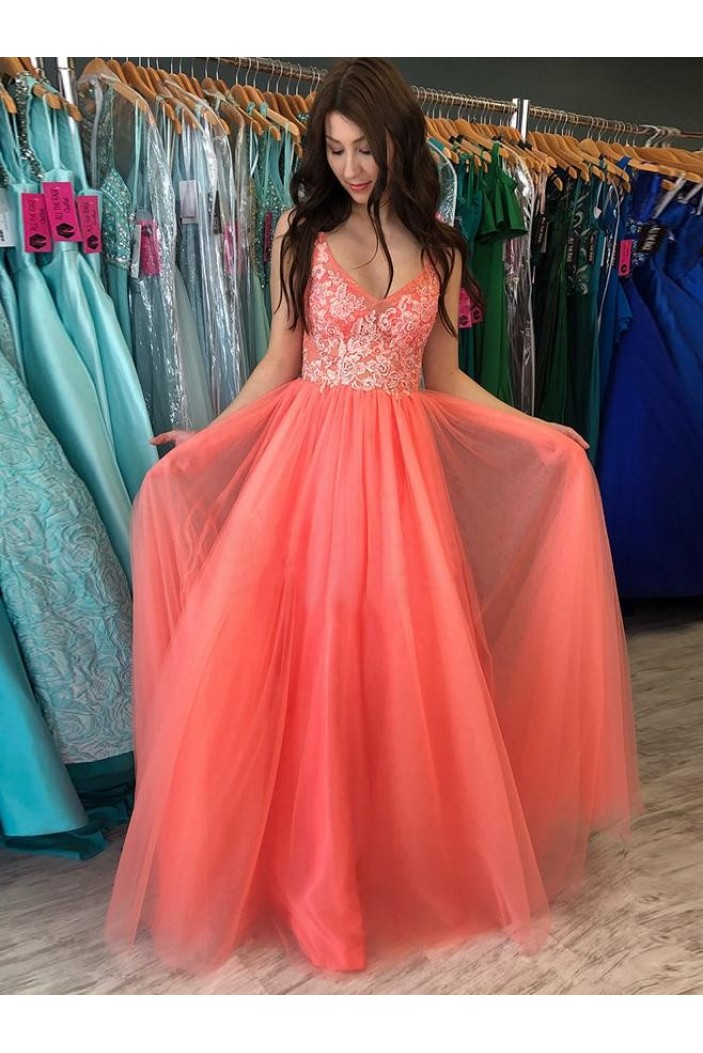 A-Line Lace V-Neck Long Prom Dresses Formal Evening Gowns 6011337