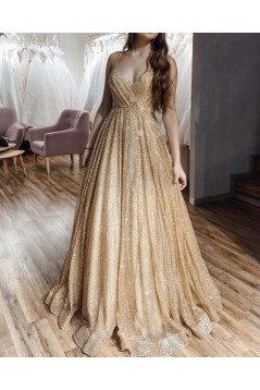 A-Line Sparkle V-Neck Long Prom Dresses Formal Evening Gowns 6011338