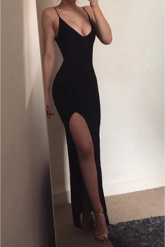 Sheath Simple Long Black Prom Dresses Formal Evening Gowns 6011390