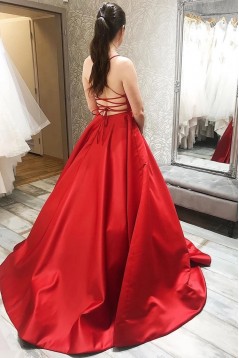 A-Line Long Red Satin Prom Dresses Formal Evening Gowns 6011416