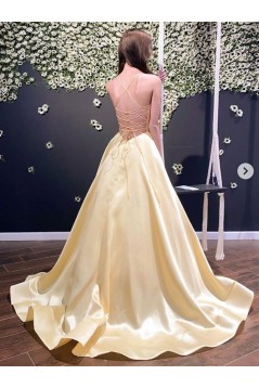 A-Line Long Yellow Satin Prom Dresses Formal Evening Gowns 6011421