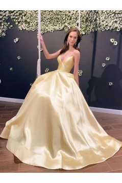 A-Line Long Yellow Satin Prom Dresses Formal Evening Gowns 6011421