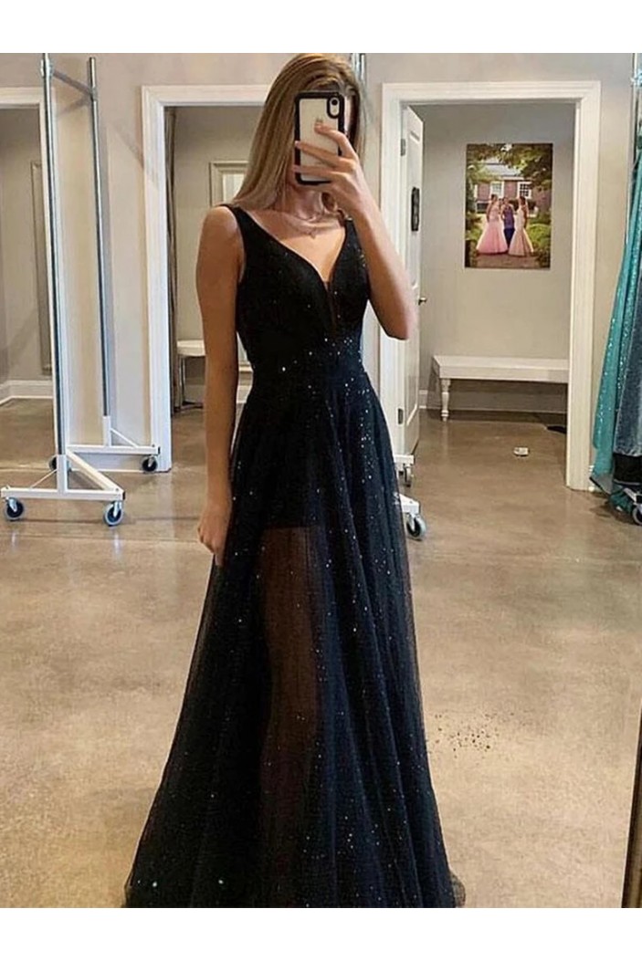 A-Line Sequins Tulle Long Prom Dresses Formal Evening Gowns 6011427