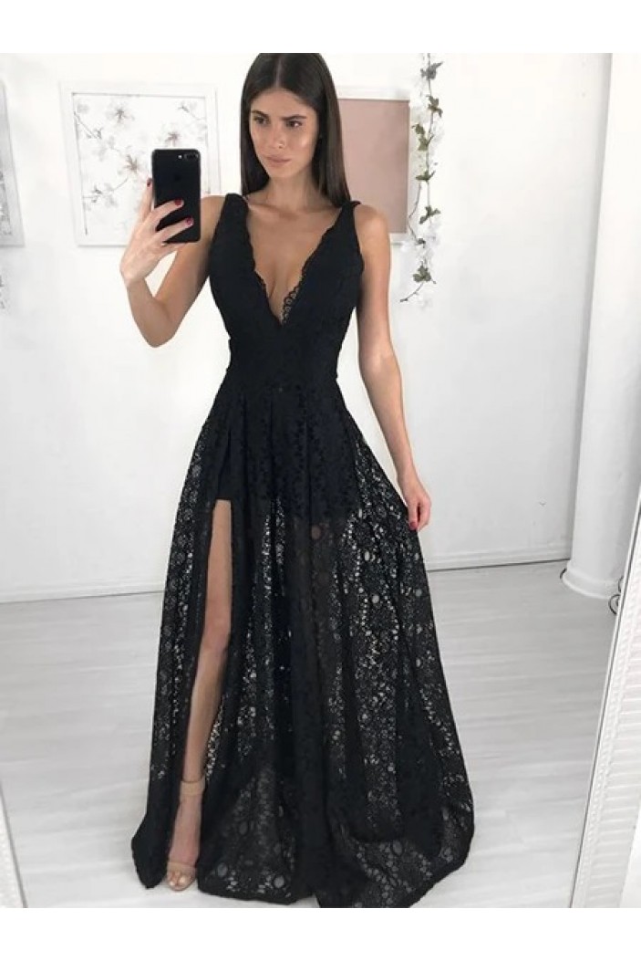 A-Line Long Lace V-Neck Prom Dresses Formal Evening Gowns 6011434