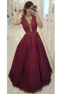 A-Line Beaded Lace Long Prom Dresses Formal Evening Gowns 6011442