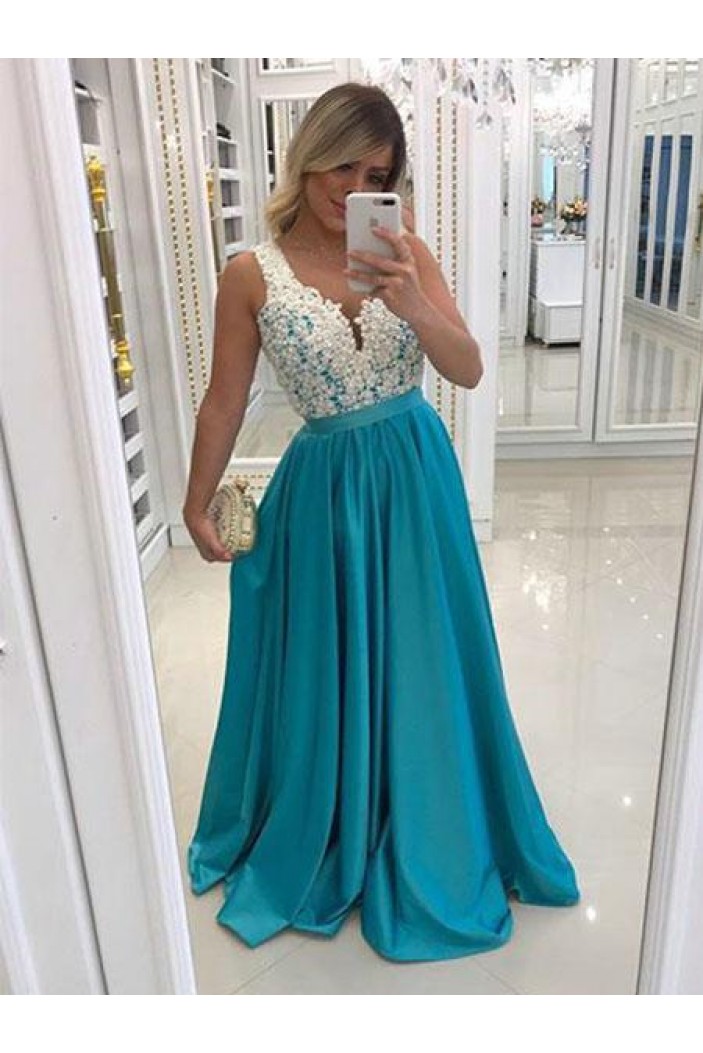 A-Line Beaded Lace Long Prom Dresses Formal Evening Gowns 6011455