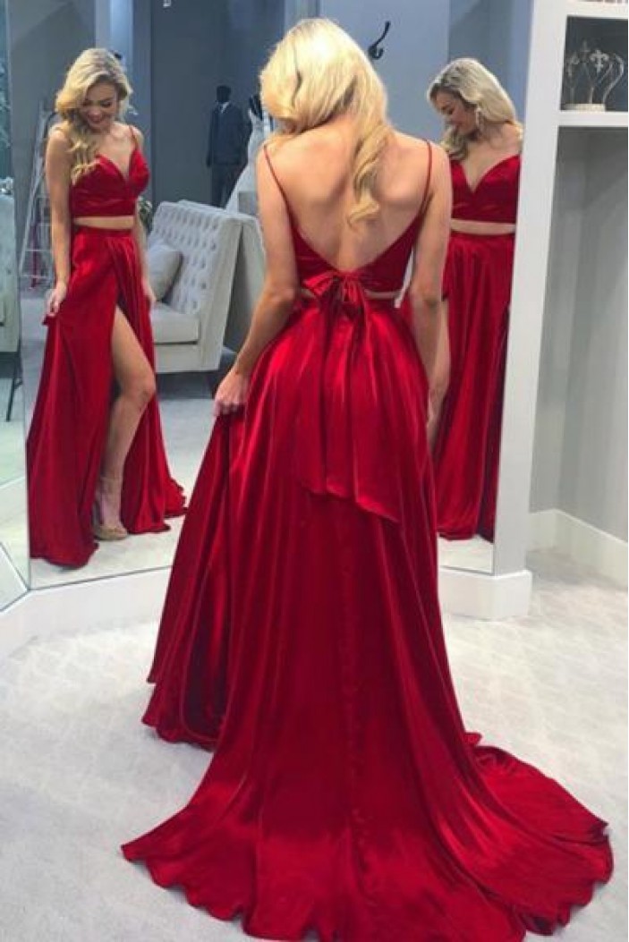 A-Line Long Red Two Pieces Prom Dresses Formal Evening Gowns 6011468