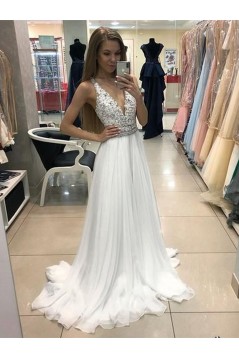 A-Line Beaded V-Neck Long Prom Dresses Formal Evening Gowns 6011502