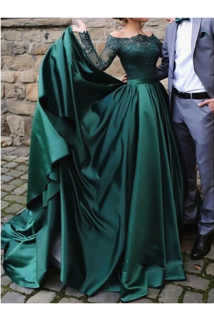 A-Line Long Sleeves Lace Satin Long Prom Dresses Formal Evening Gowns 6011512