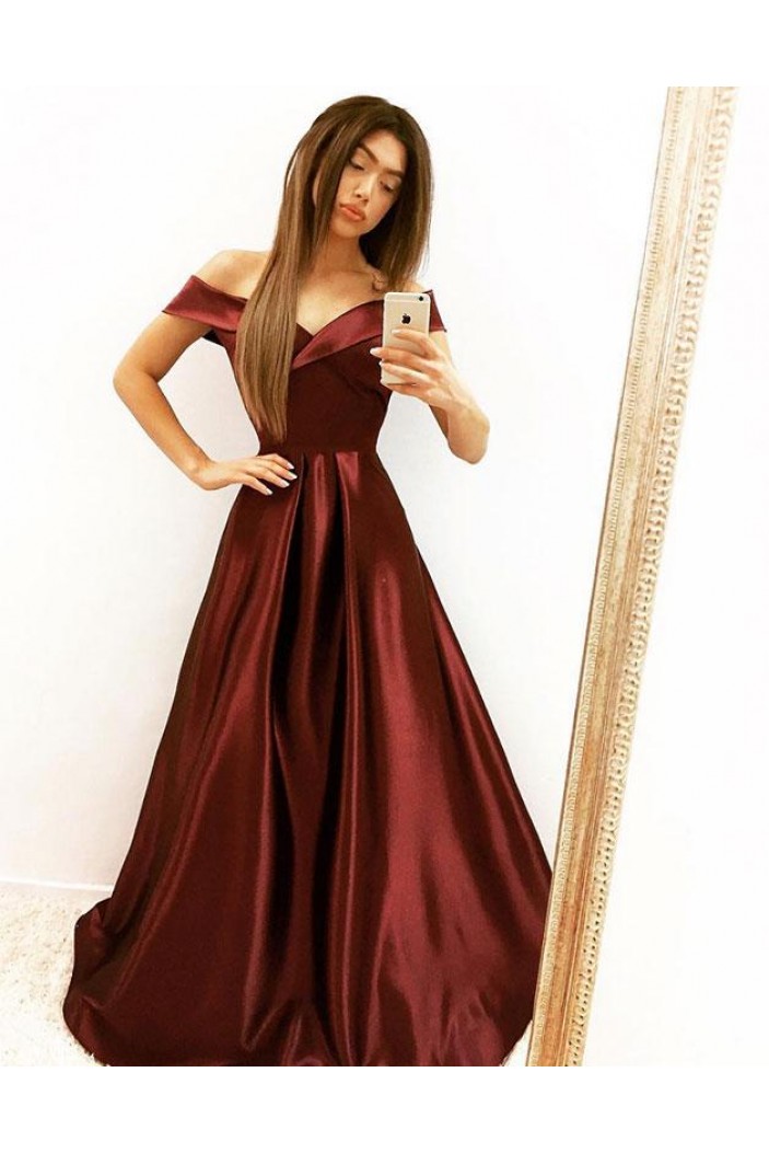 A-Line Satin Off-the-Shoulder Long Prom Dresses Formal Evening Gowns 6011555