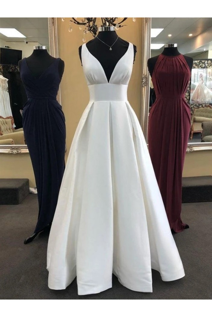 A-Line V-Neck Long Ivory Prom Dresses Formal Evening Gowns 6011566