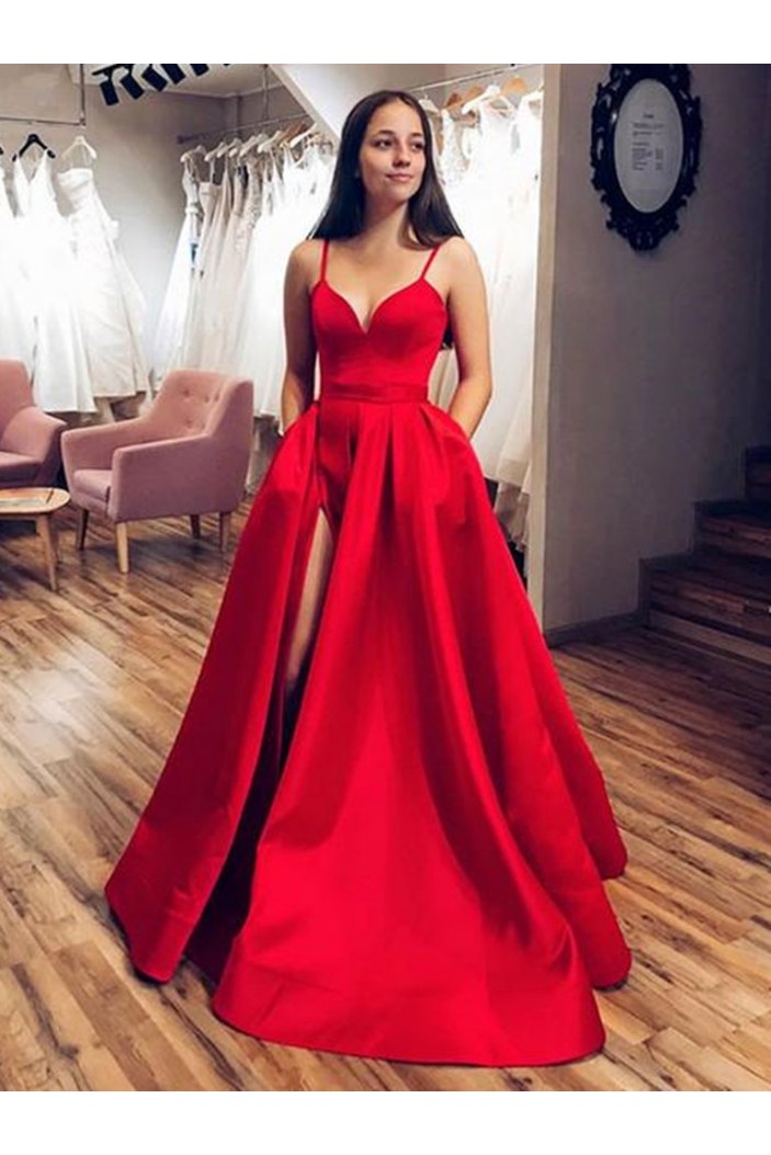 ALine Long Red Satin Prom Dresses Formal Evening Gowns 6011576