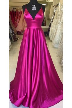 A-Line Long Satin V-Neck Prom Dresses Formal Evening Gowns 6011591