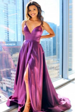 A-Line Long Satin V-Neck Prom Dresses Formal Evening Gowns 6011591